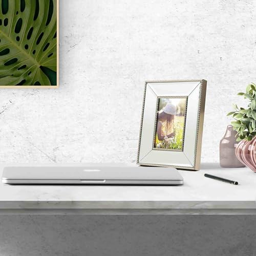 YUNDINGJI 4x6 Beveled Clear Mirror Champagne Silver Pearl Dot Photo Frame-Organic Glass Black Velvet Back Panel for Famil...