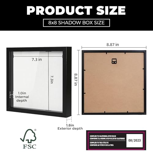 Muzilife 8x8 Shadow Box Picture Frame with Linen Board - Deep Wood & Glass Display Case Ready to Hang Memory Box Baby Spor...