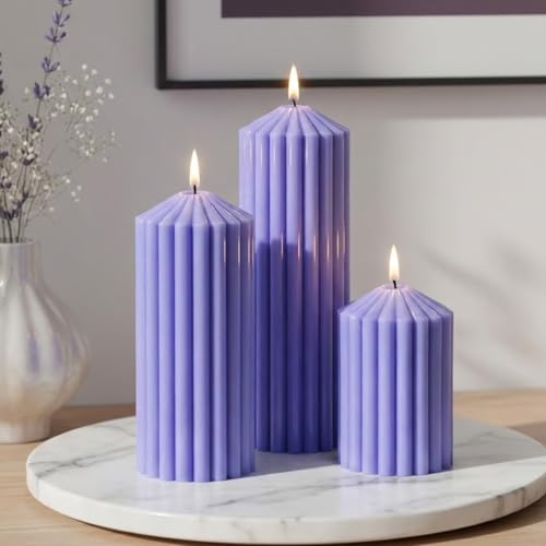 Purple Ribbed Pillar Candles Set of 3 - Lavender Scented Soy Wax Candles for Stress Relief & Sleep,Aesthetic Textured Deco...