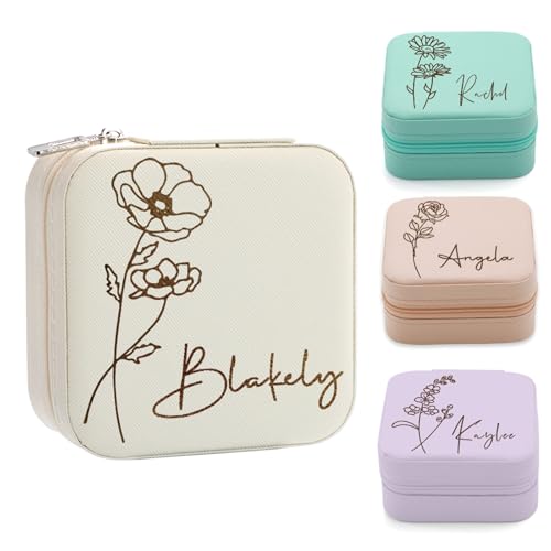 Yofair Mothers Day Mom Gifts for Women Personalized Jewelry Box with Birth Flower Custom Leather Travel Jewelry Case Ring ...