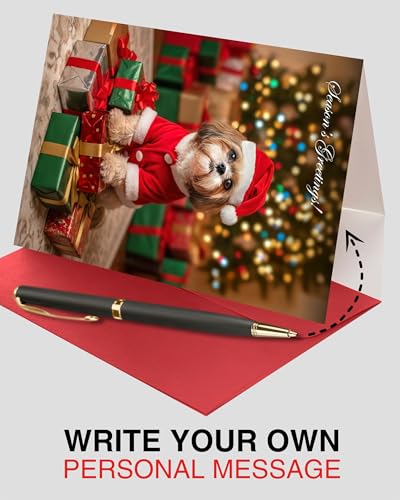 CATNEVERLAND Shih Tzu Santa Christmas Greeting Card – Dogs for Christmas Collection – 5x7” Premium Holiday Card with Red E...