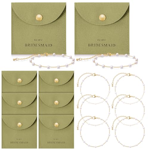 Quelay 16 Pcs Jewelry Bridesmaid Gift Pearl Bracelet Microfiber Jewelry Bag Pouch Set of 8 for Wedding Bridal Party Favor