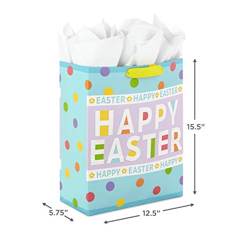 Hallmark 15" Extra Large Easter Gift Bag with Tissue Paper (Happy Easter, Polka Dots) for Easter Baskets, Easter Egg Hunts...