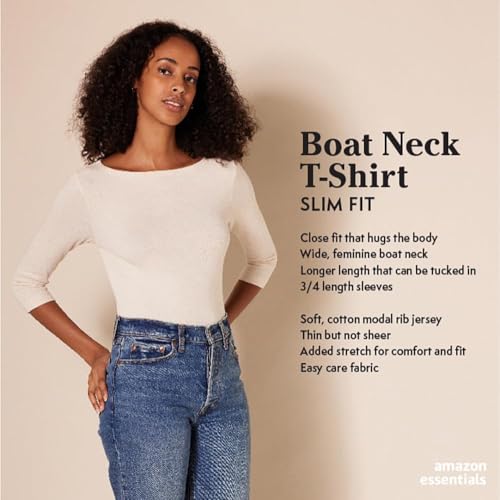 Amazon Essentials Women's Slim-Fit 3/4 Sleeve Boat Neck Cotton Modal Micro Rib T-Shirt