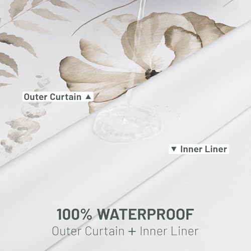 WITHLOC No Hook Shower Curtain with Snap in Liner - Floral Shower Curtain - Fabric Waterproof Inner Liner, Plants Watercol...