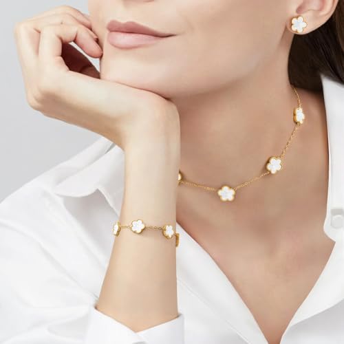 Gold Necklaces Bracelets Earring Set - 18K Gold Plated Flower Bracelet Chain,Stainless Steel Non Tarnish Floral Pendant St...