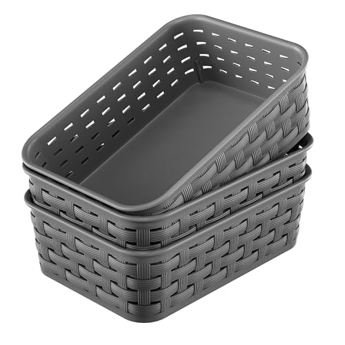 3 Pack Small Plastic Basket, Storage Bin Baskets for Organizing, Pantry Organizer Household Wicker Storage for Laundry Roo...