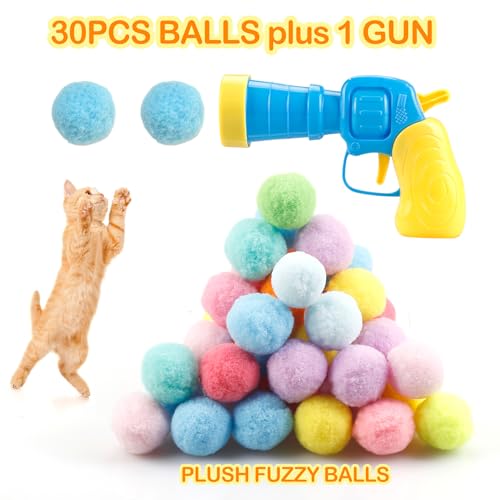 MeoHui 31Pcs Cat Ball Toy Launcher Gun,Cat Balls Fetch Toy,30Pcs Plush Fuzzy Balls Launcher Cat Toy for Cats with 1 Gun,Fu...