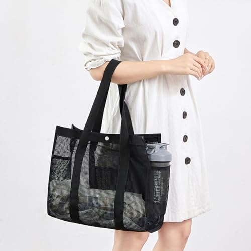 Noy Lacha Small Mesh Beach Bag Totes Lightweight Travel Toy Tote Mesh Swimming Pool Bag with Multiple Pockets