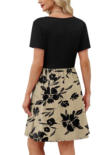 OFEEFAN Womens Summer Dresses 2025 Short Sleeve Square Neck Casual Sundresses with Pockets A-Line Color Block