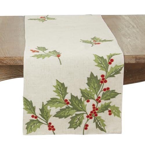SARO LIFESTYLE Sudri Collection Evergreen Holly Leaves Table Runner, 16"x70", Natural