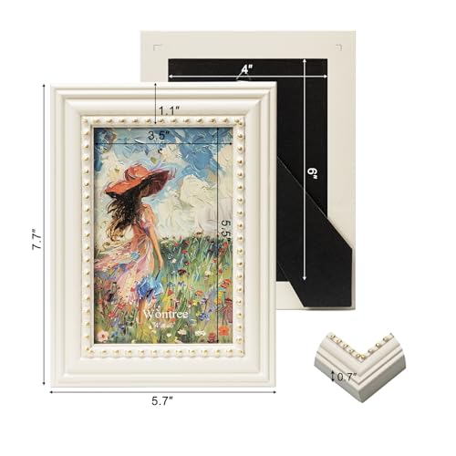 Wontree 4x6 Picture Frame in Beige with Classic Gold Beaded Border, Solid Wood with Real Glass, Vertical and Horizontal De...