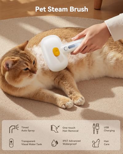 ROJECO 3-in-1 Pet Steam Brush for Cats&Dogs-Pet Spray Hair Removal Detangling Comb with Adjustable Mist,Handheld Desheddin...