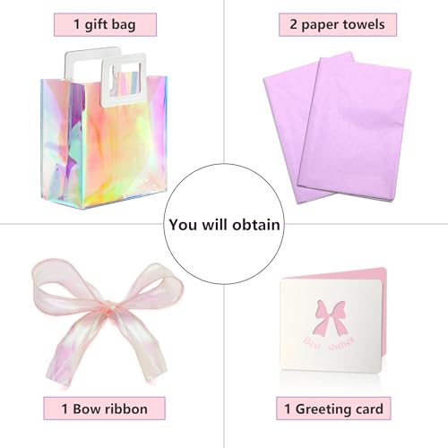 KeerxunBag 1 Pack Holographic Gift Bags with Handles & 2 Tissue Paper Sheets – Iridescent Transparent Reusable Bags for Wo...