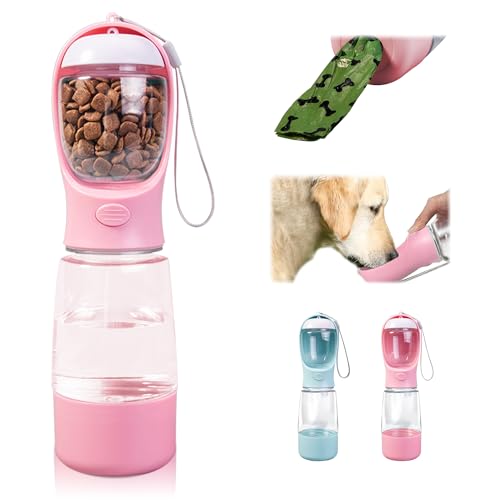 Dog Water Bottle with Food Storage & Poop Bag Dispenser - 3-in-1 Portable Pet Water Bowl for Hiking, Walking, and Travel -...
