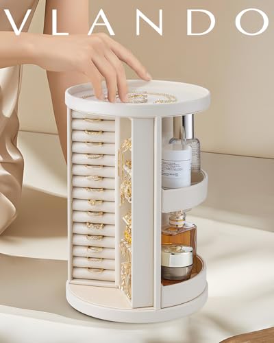 Vlando 360°Rotating Jewelry Box,Earring Organizer Large Vertical Jewelry Organizer with 6 Necklace Hooks, Open Ring Displa...