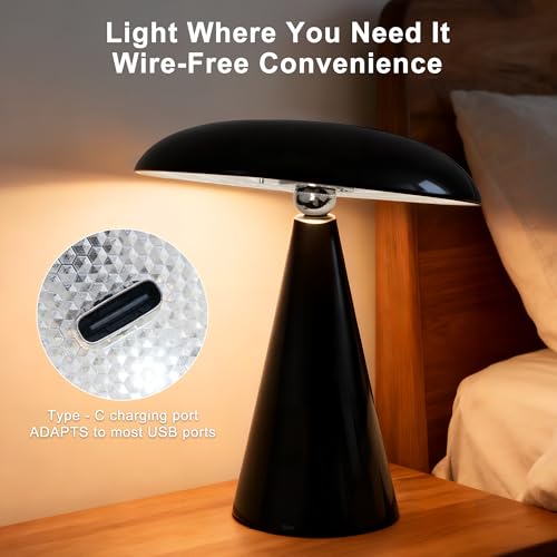 Ligrel Mushroom Lamp Mid Century Modern Table Lamp, LED Cordless Rechargeable Bedside Light, Dimmable Touch 3-Color Temp, ...