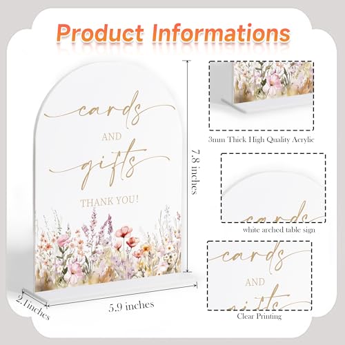 Boho Floral Wedding Cards and Gifts Sign, Wedding Reception Table Decorations, Arched Acrylic Table Sign with Base for Bri...