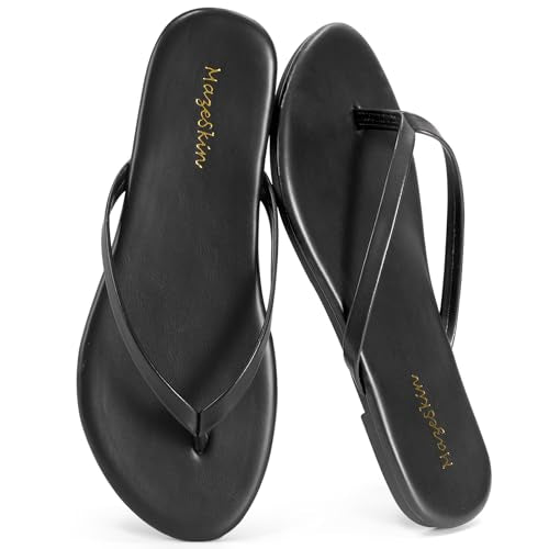 mazeskin Women's Memory Foam Comfortable Flat Thong Sandals Dressy Summer Beach Leather Slide Flip Flops