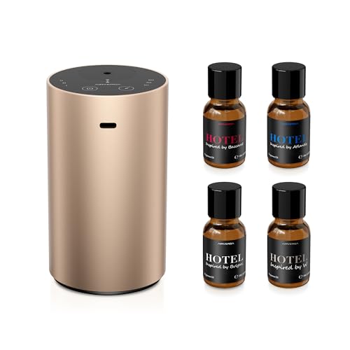 Airversa Waterless Essential Oil Diffuser Starter Kit with 4 x 10mL Hotel Scent Fragrance Oil, Aluminum Housing, Battery O...