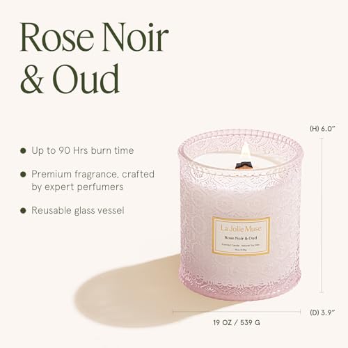 LA JOLIE MUSE Rose Noir & Oud Scented Candle – Lemon, Rose & Oud |19 oz Large Wooden Wick Candle | Natural Soy Wax | 90 Ho...