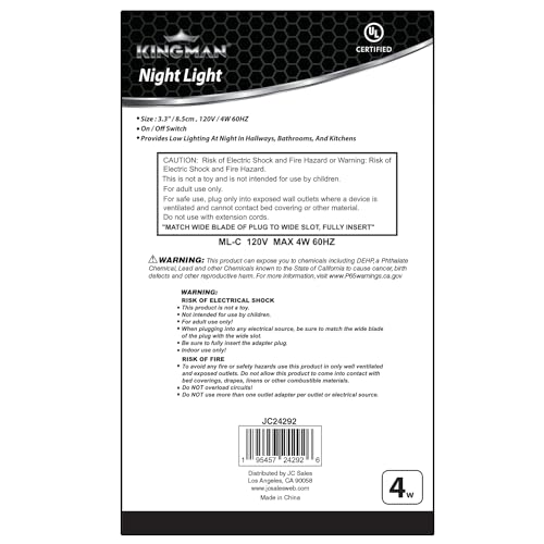 Kingman Night Light Wall Plug in with On/Off Switch Warm White UL Listed, 120V 4W (1 Pack)