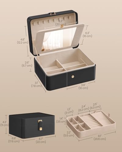 SONGMICS Jewelry Box Organizer with Mirror, 2-Layer Jewelry Holder Case, Removable Tray, 6.9 x 8.7 x 4.3 Inches, Earring N...