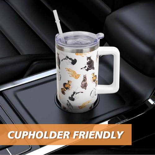 qoepfnsh 40 oz Cat Tumbler with Handle and Straw, Stainless Steel Vacuum Insulated Travel Coffee Mug Cup Water Bottle, Cat...