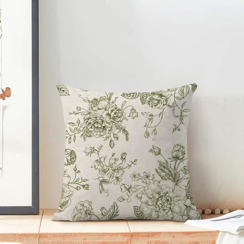 Jecuwo Spring Sage Green Floral Pillow Covers 20x20 Inch Set of 2, Chinoiserie Sage Green Flower Decorative Throw Pillowca...