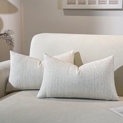 Natural Linen Boho Lumbar Throw Pillow Covers Set of 2 - 20x12 Inch Rustic Striped Farmhouse Decor Pillowcase, Breathable...