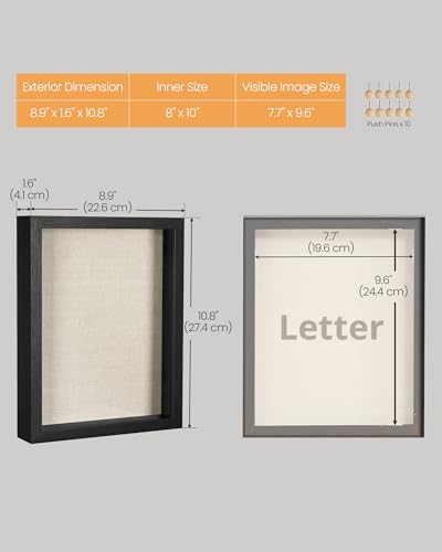 SONGMICS 8x10 Shadow Box Frame, Top Loading Display Case Frame , Glass Front with Top Slot and Push Pins, Linen Fabric Bac...