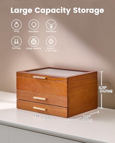 Lolalet Jewelry Box, Clear Window Wood Grain Jewelry Storage for Earrings Bracelets Necklaces Rings, High Capacity Organiz...