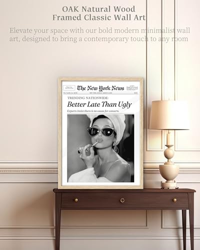 iHery Natural OAK Wood Audrey Hepburn Newspaper Trendy Framed Wall Art, 12x16 in Vintage Headline Canvas Bedroom Wall Deco...