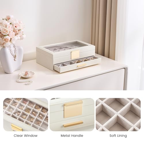 Lolalet Earring Storage Box Case with Glass Top, Large Earring Jewelry Holder Organizer Display with Drawer and Grid, Gift...