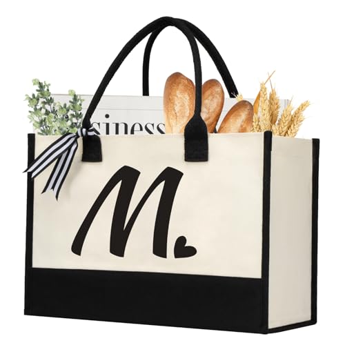 shenee Initial Canvas Tote Bag, Personalized Beach Jute Bag Present for Women Holiday,Friends Birthday Gift,Wedding, New Year