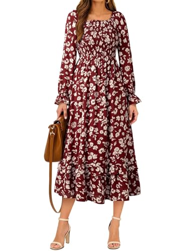 Dokotoo Boho Dresses for Women 2025 Casual Floral Square Neck Long Sleeve Smocked Elastic Waist Tiered Ruffle Hem Maxi Dress