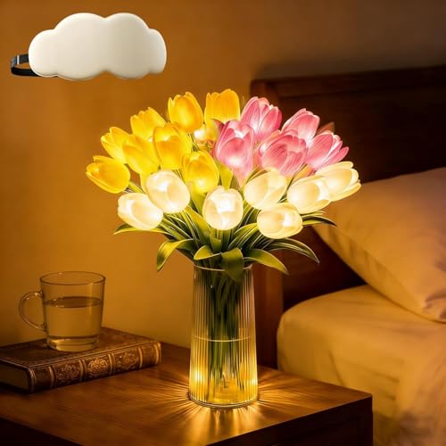 15 PCS Radiant Romantic Tulip Light with Vase, Twinkling Tulips Tree, LED Artificial Flowers Ambient Night Lamp, Gentle Li...