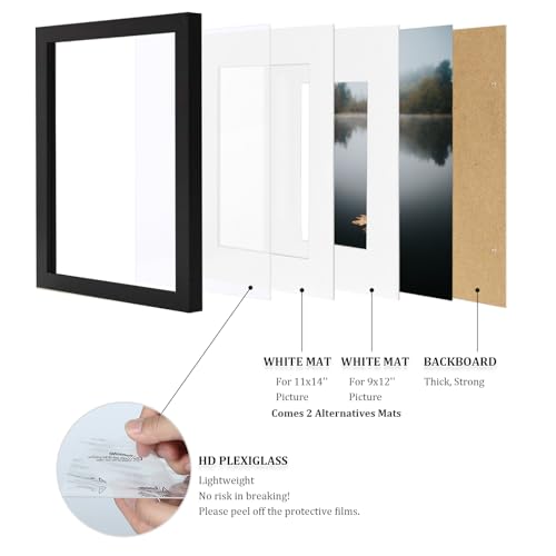 Egofine 12x16 Picture Frame Black, Covered by Plexiglass Made of Solid Wood, Display Pictures 9x12 and 11x14 with Mat or 1...