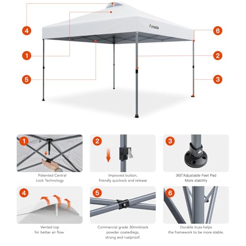 Amada 10x10 Pop Up Canopy - Center Lock One Push Instant Setup Wheeled Gazebo Outdoor Canopy Beach Tent with STO-N-Go Bag ...