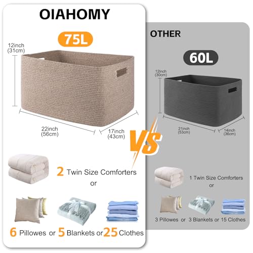 OIAHOMY 75L Large Woven Cotton Rope Storage Basket with Handle for Organizing Blanket and Toys for Living Room, Nursery, B...