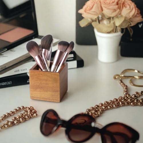 LBEMEY Acacia Wood Makeup Brush Holder Organizer for Vanity,Pen and Pencil Holder for Desk,Desktop Organizer for Store Mar...