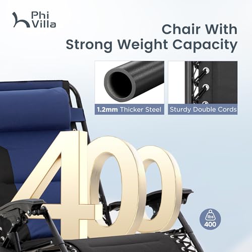 PHI VILLA Zero Gravity Chair Set of 2, Padded Anti Gravity Recliner, Oversized 28" Wide Seat, Foldable Patio Lounger with ...