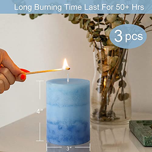 3x4 Inche Pillar Candles Ocean Scented Aromatherapy Candles Long Lasting Burn Blue Mottled 3-Layered Candles for Home Scen...