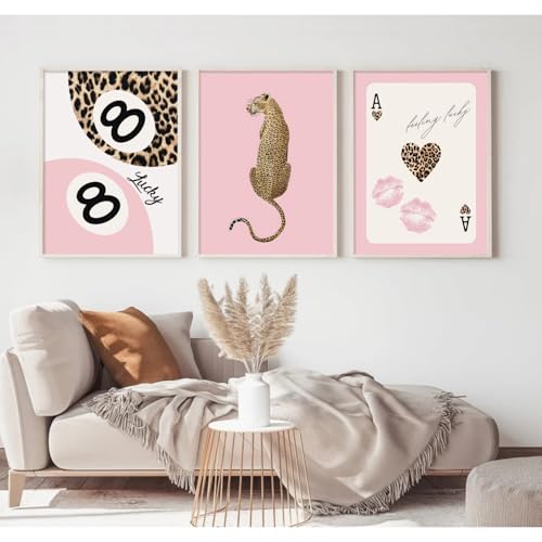 Lhoiplme Cheetah Trendy Wall Art Preppy Leopard Canvas Print Cheetah Room Wall Decor 8 Ball Poster Y2k Pink Coquette Luxur...