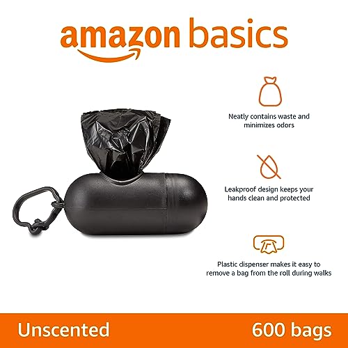 Amazon Basics Dog Poop Leak Proof Bags with Dispenser and Leash Clip, Unscented, 13" x 9", 600 Count