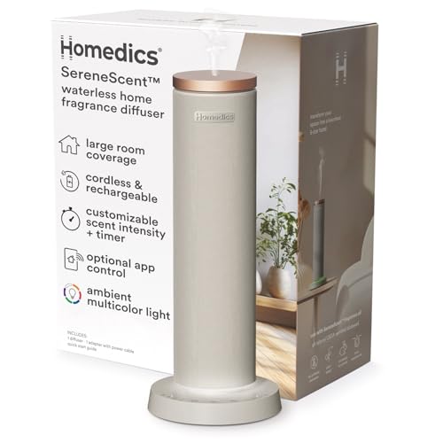 Homedics SereneScent Waterless Essential Oil Diffuser, Cordless Rechargeable Aromatherapy Diffuser for Home, Large Room Sc...