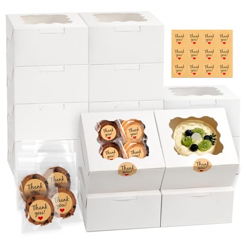 ZYFOTZUN 12 Pcs Cookie Boxes with Window, 6x6x3 Inches White Bakery Boxes, Treat Boxes with 50 Pcs Cookie Bags and 12 Pcs ...