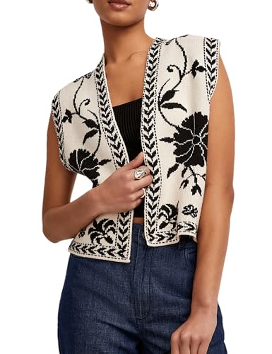 Dapoola Womens Floral Sleeveless Sweater Vest Boho Printing Cropped Casual Knit Cardigan Top
