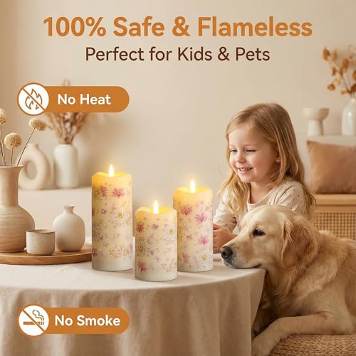 Eywamage Fiber Optic Flameless Pillar Candles with Remote, Floral Butterfly Spring LED Candles Flickering Easter Home Deco...