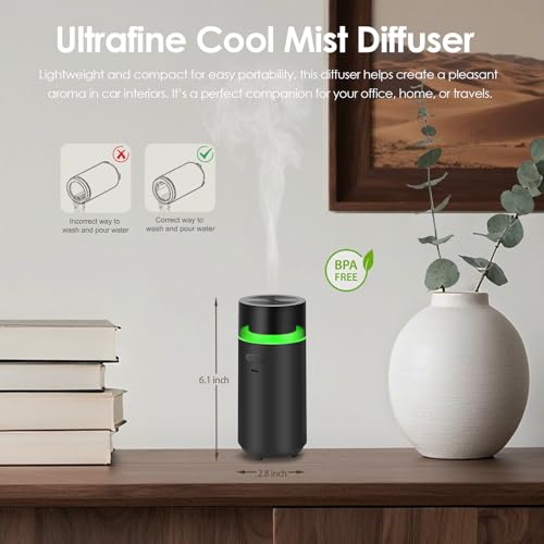 HODEMI Portable Smart Car Essential Oil Diffuser,Cordless Mini Cold Mist Aromatherapy Air Freshener Diffuser with Mode Mem...